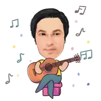 a cartoon of a man playing an acoustic guitar with music notes surrounding him