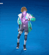 a person in a green jacket and black shorts is dancing in front of a blue background with the word cks on it