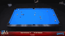 a pool table with the us open written on it