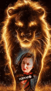 a painting of a lion and a woman with the name ecenaz on the bottom