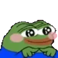 a green frog is wearing a blue shirt and holding a pink flower in its mouth .