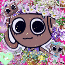 a picture of a cartoon character surrounded by flowers with the words picmix on the bottom right
