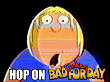 a cartoon character with the words hop on bad fur day behind him