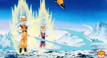 a cartoon of a dog in a dragon ball outfit standing next to another dog