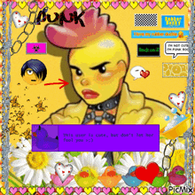 a cartoon character with a purple box that says ' this user is cute but don 't let her fool you > '