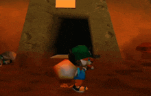 a cartoon character wearing a green hat and a blue shirt with the letter x on it
