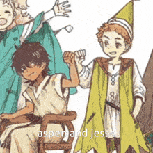 a group of cartoon characters standing next to each other with the words aspen and jesse in the corner .