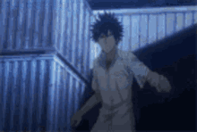 a man in a white shirt is running through a dark room in a anime .
