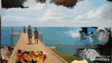 a painting of people walking on a pier with the words made in animatica on the bottom