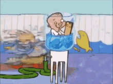 a cartoon of a man standing in a fish tank