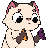 a cartoon cat is holding a purple and orange controller