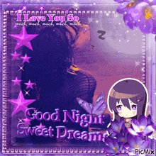 a picture of a girl with purple hair and a purple butterfly says good night sweet dreams