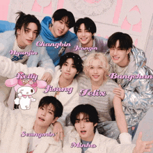 a group of young men posing for a picture with their names including changbin