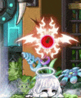 a video game character with a flower in her head