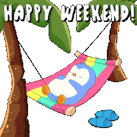 a penguin is sleeping in a hammock under a palm tree with the words happy weekend