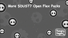 a bag of hungry degen is surrounded by skulls on a black background