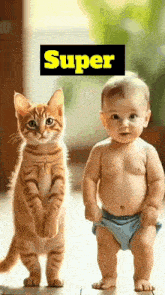 a baby and a cat are standing next to each other under a sign that says " super "