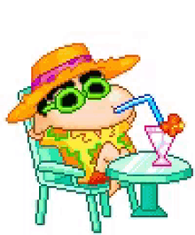 a pixel art of a cartoon character wearing a hat and sunglasses sitting in a chair .