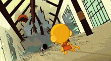 a cartoon monkey is standing in front of a building
