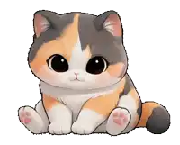 a calico cat is sitting down with its paws crossed