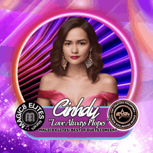 a picture of cindy love always hopes is on a purple background