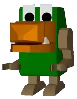 a cartoon character with a green shirt and brown feet