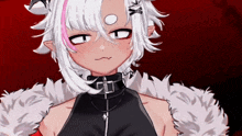 a close up of a cartoon character with white hair and a furry coat .