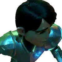 a close up of a cartoon character 's face with a blue background