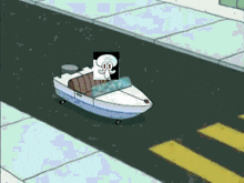 a cartoon of squidward driving a boat on a street