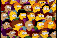 a crowd of cartoon characters including bart simpson and homer simpson are gathered together