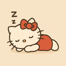 a drawing of hello kitty sleeping with a bow on her head