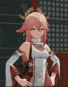a girl with pink hair is wearing a red and white outfit
