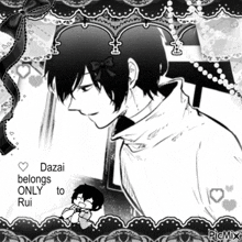 a black and white drawing of a boy with the words dazai belongs only to rui on the bottom