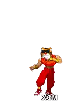 a pixel art of a cartoon character with the word xom on the bottom right