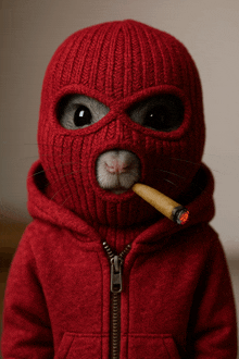 a cat wearing a red ski mask holds a cigarette in its mouth