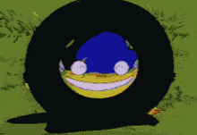 a cartoon character wearing a yellow and orange outfit and a blue hat