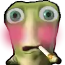 a cartoon character is smoking a cigarette with a pink face .