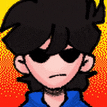 a pixel art drawing of a person wearing sunglasses and a blue hoodie .