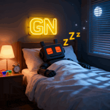 a robot is sleeping in a bed under a neon sign that reads gn