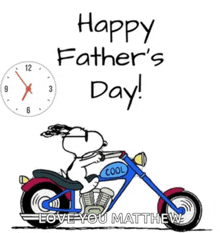 a cartoon of snoopy riding a motorcycle with the words happy father 's day on it