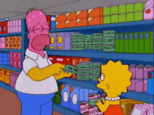 a cartoon of homer simpson and lisa simpson in a grocery store .