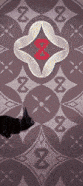 a black cat is standing on a rug with a red x on it