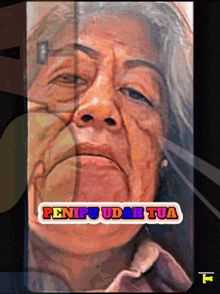 a painting of an elderly woman with the words penipu udah tua on the bottom