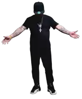 a man with his arms outstretched wearing a black shirt and a hat
