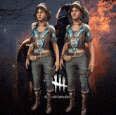 a poster for dead by daylight shows two women standing next to each other in front of a fire