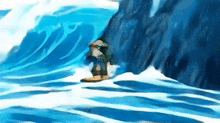 a person is riding a wave in the ocean while holding a surfboard .