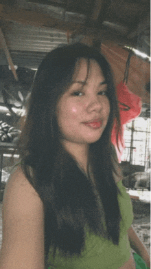 a woman in a green tank top is smiling for the camera