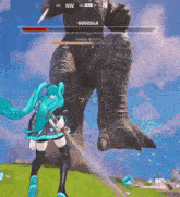 hatsune miku is standing next to a giant monster in a video game .