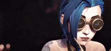 a cartoon character with blue hair and goggles