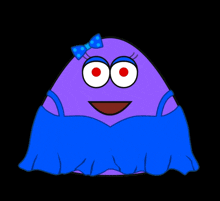 a purple cartoon character wearing a blue dress and a blue bow